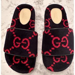 GUCCI Kids Terry Cloth Sliders Slip On Slides 32 EU 13 UK 1 US Navy and Red New